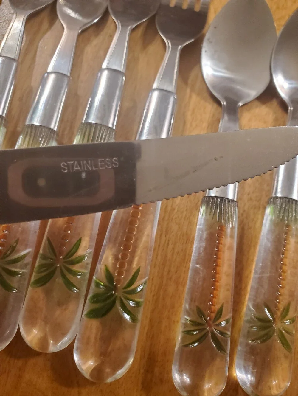 Vintage Cambridge Palm Tree Flatware Stainless Clear Acrylic Lucite Silverware